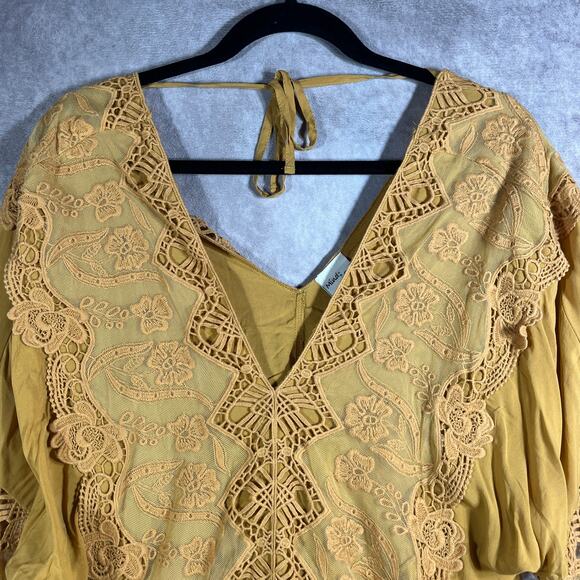 Mind Set By XCVI Top Womens Large Yellow Lace Crochet V-Neck Boho Festival NEW - Picture 2 of 9